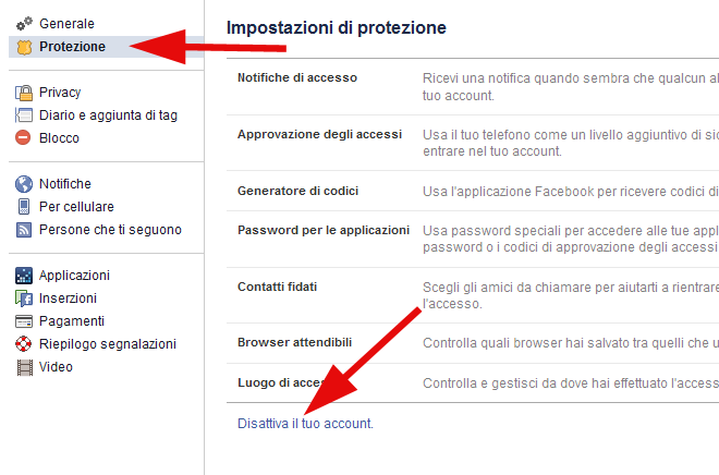 disattiva elimina account facebook
